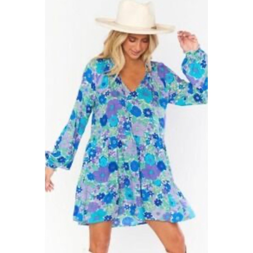 Show Me Your Mumu‎ Cait Dress Floral Blue Purple Boho Long Sleeve - XXL